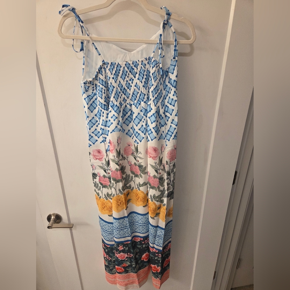 NWT - Dalia MacPhee Multi Floral Tie Shoulder Belted Waist Midi Dress - Size L - Picture 7 of 16